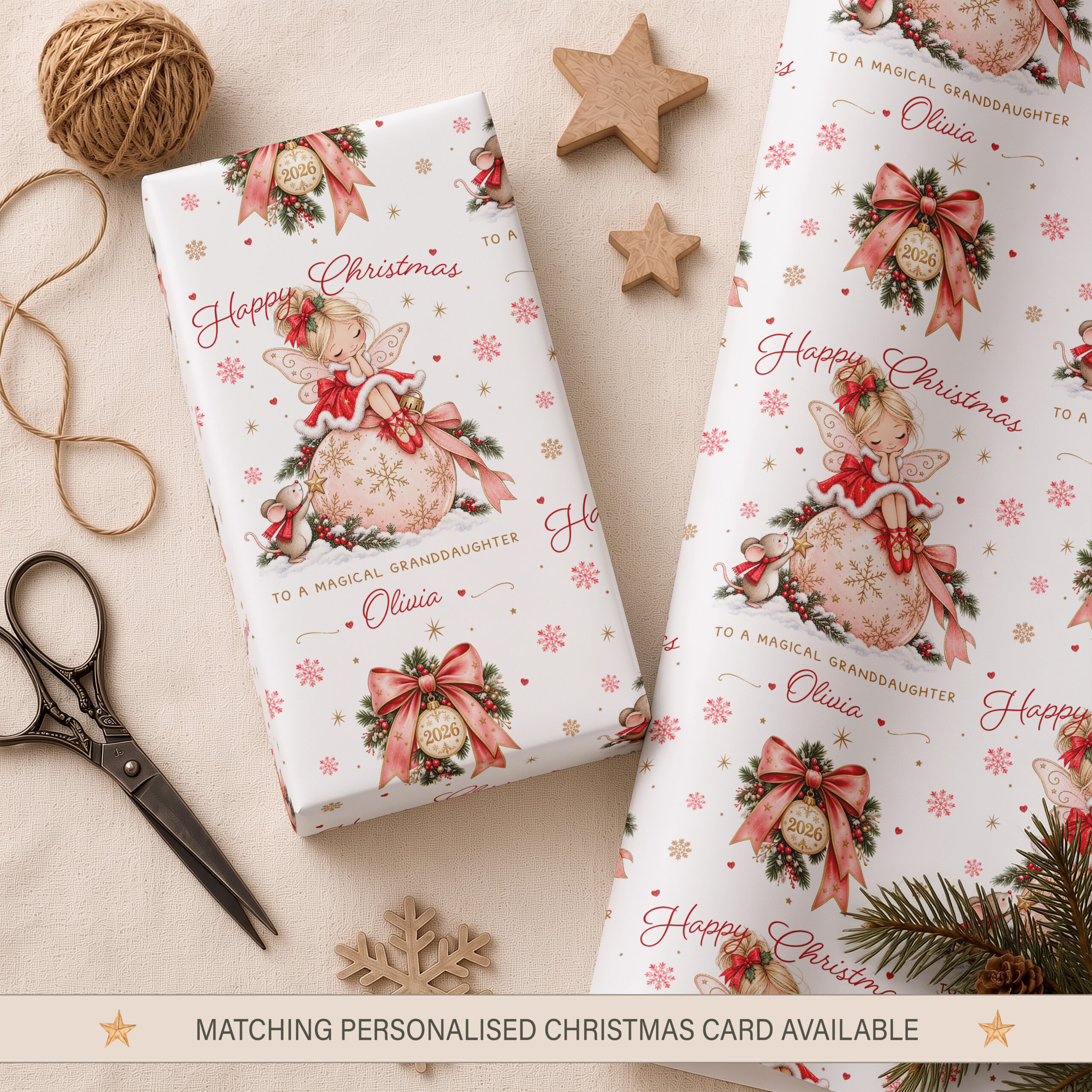 Personalised Christmas fairy wrapping paper with pink bauble, fairy and name