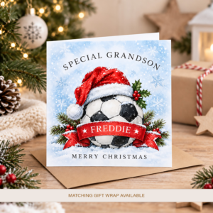 Personalised football Christmas card with Santa hat and custom name