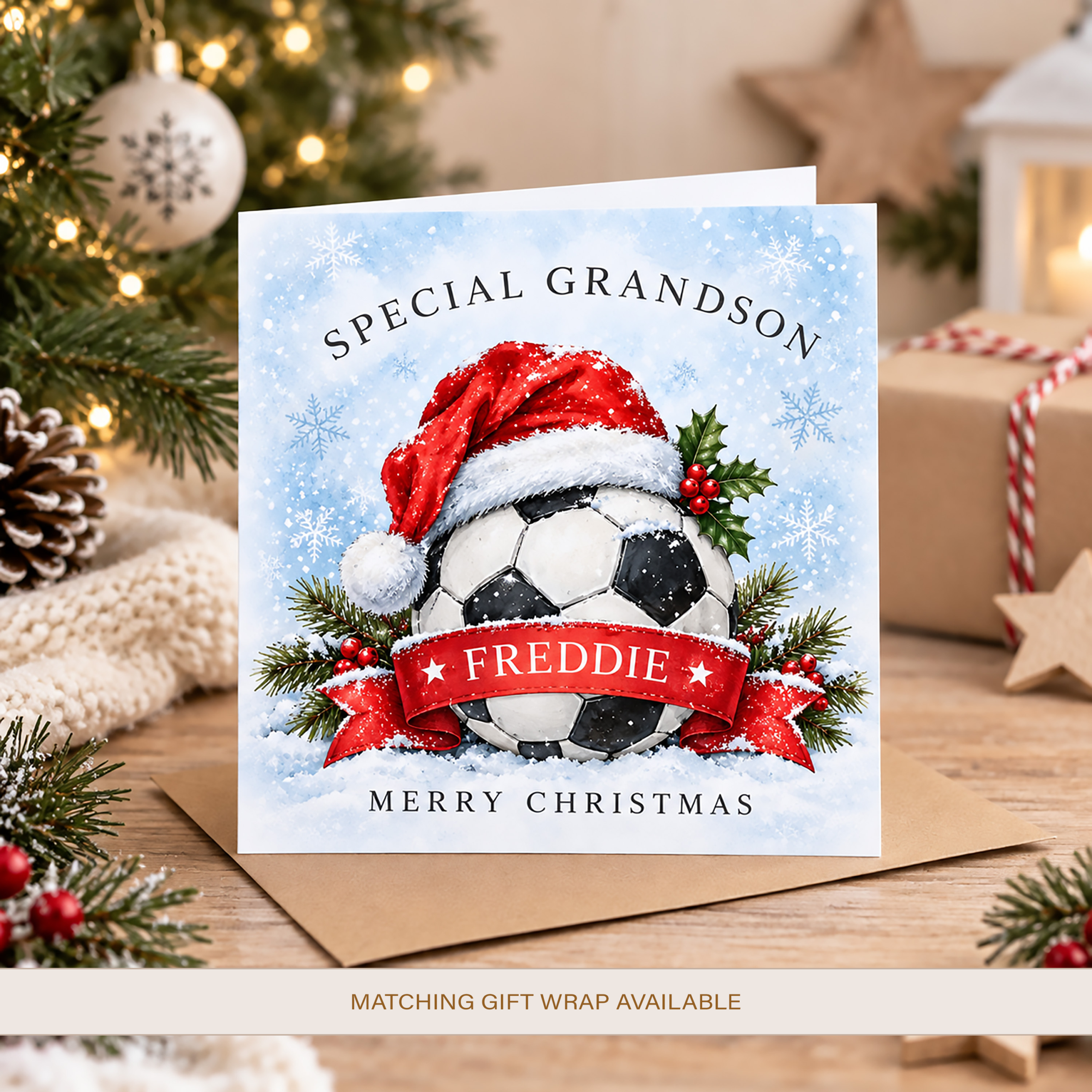Personalised football Christmas card with Santa hat and custom name