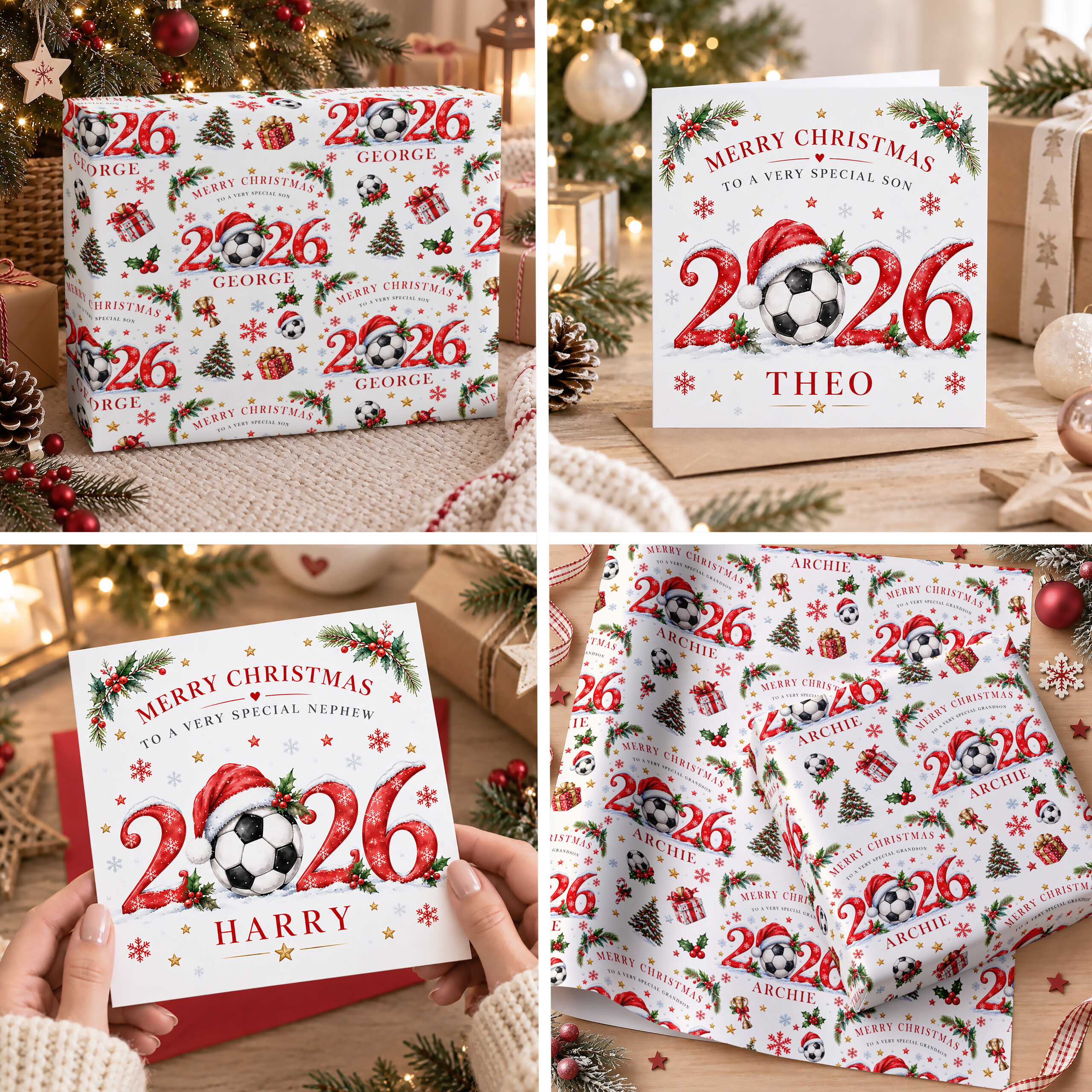 Football Christmas wrapping paper and matching card for boys personalised with name and 2026 design
