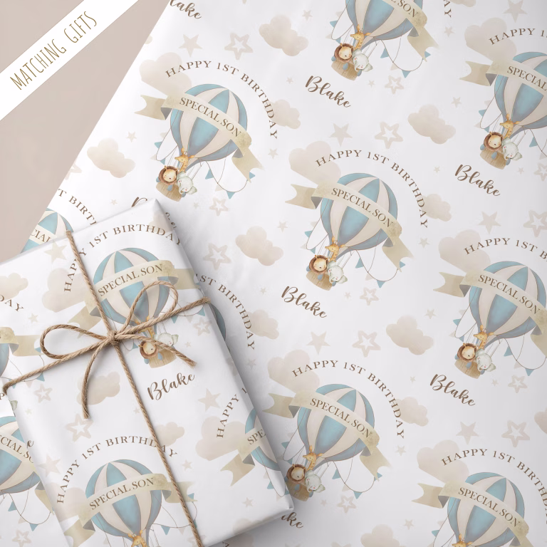 Boys Personalised 1st Birthday Hot Air Balloon Wrapping Paper