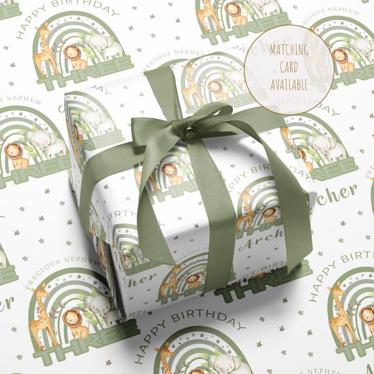 Personalised Birthday Wrapping Paper (Rainbow Safari)