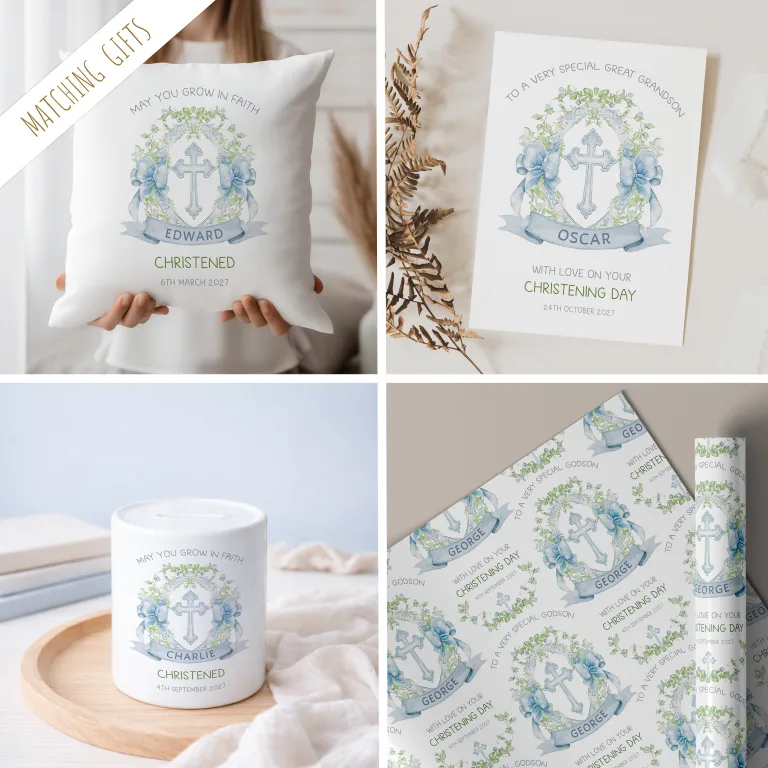Handmade Christening Card ‘Blue Ornate Crest’