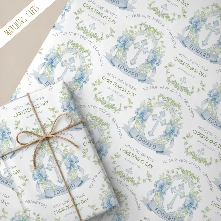 Personalised Christening Gift Wrapping Paper ‘Blue Ornate Crest’