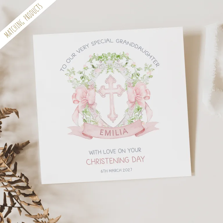 Handmade Christening Card ‘Pink Ornate Crest’