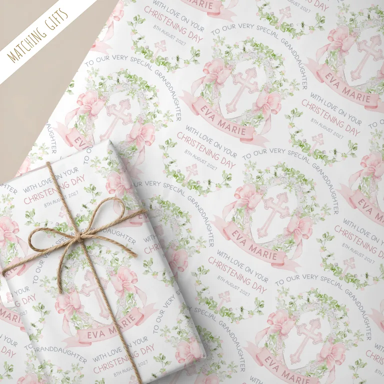 Personalised Christening Gift Wrapping Paper ‘Pink Ornate Crest’