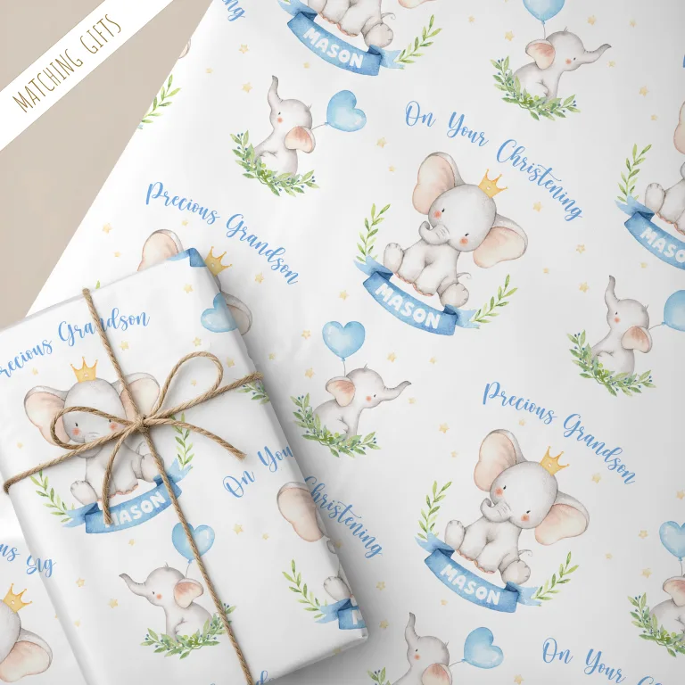 Personalised Christening Gift Wrapping Paper ‘Blue Elephant’