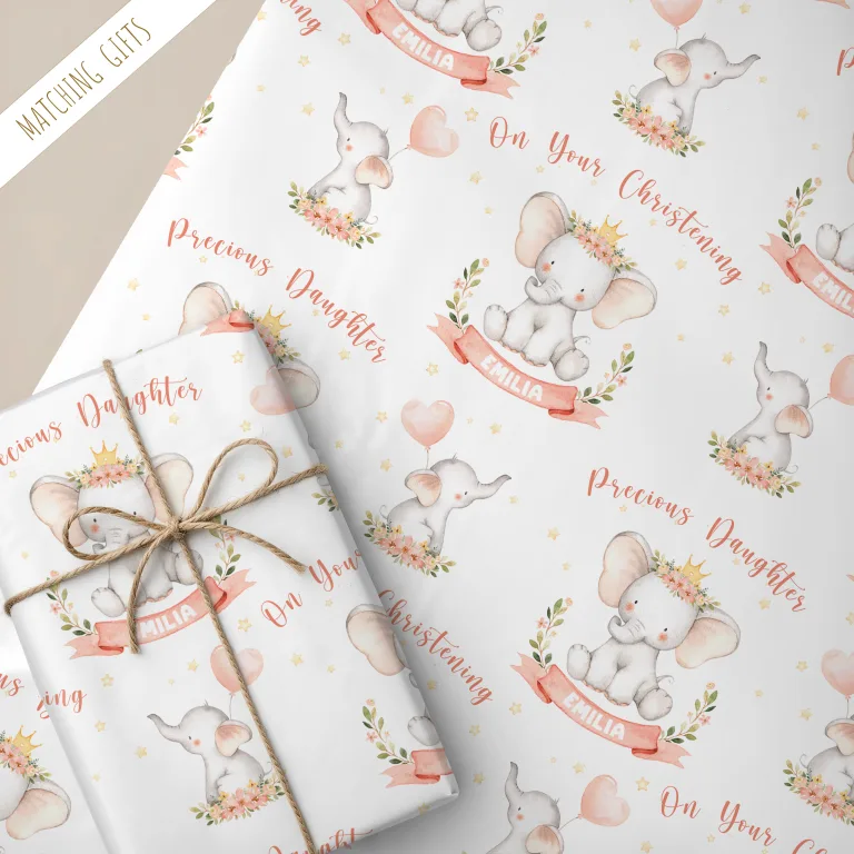Personalised Christening Gift Wrapping Paper ‘Peach Elephant’