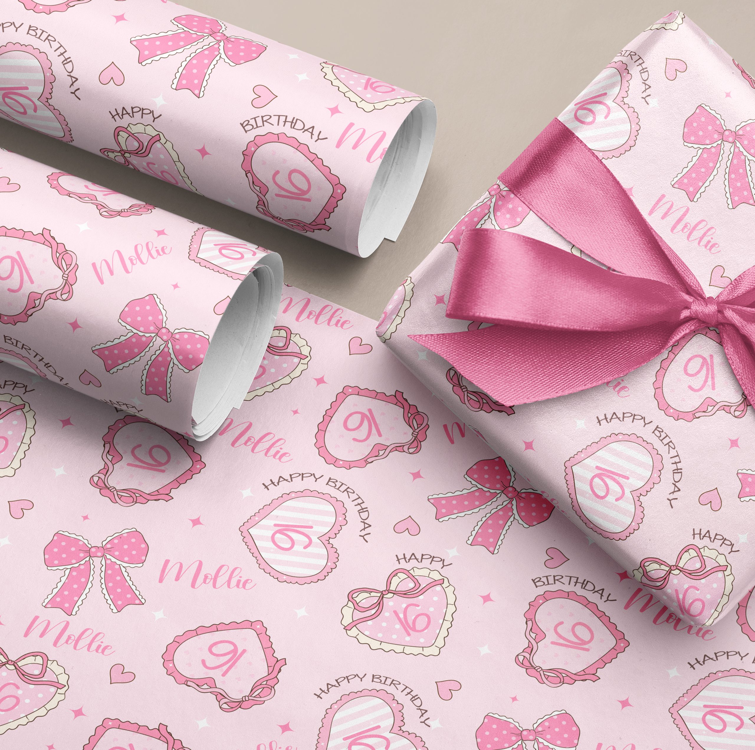 Personalised Pink Heart Birthday Gift Wrapping Paper