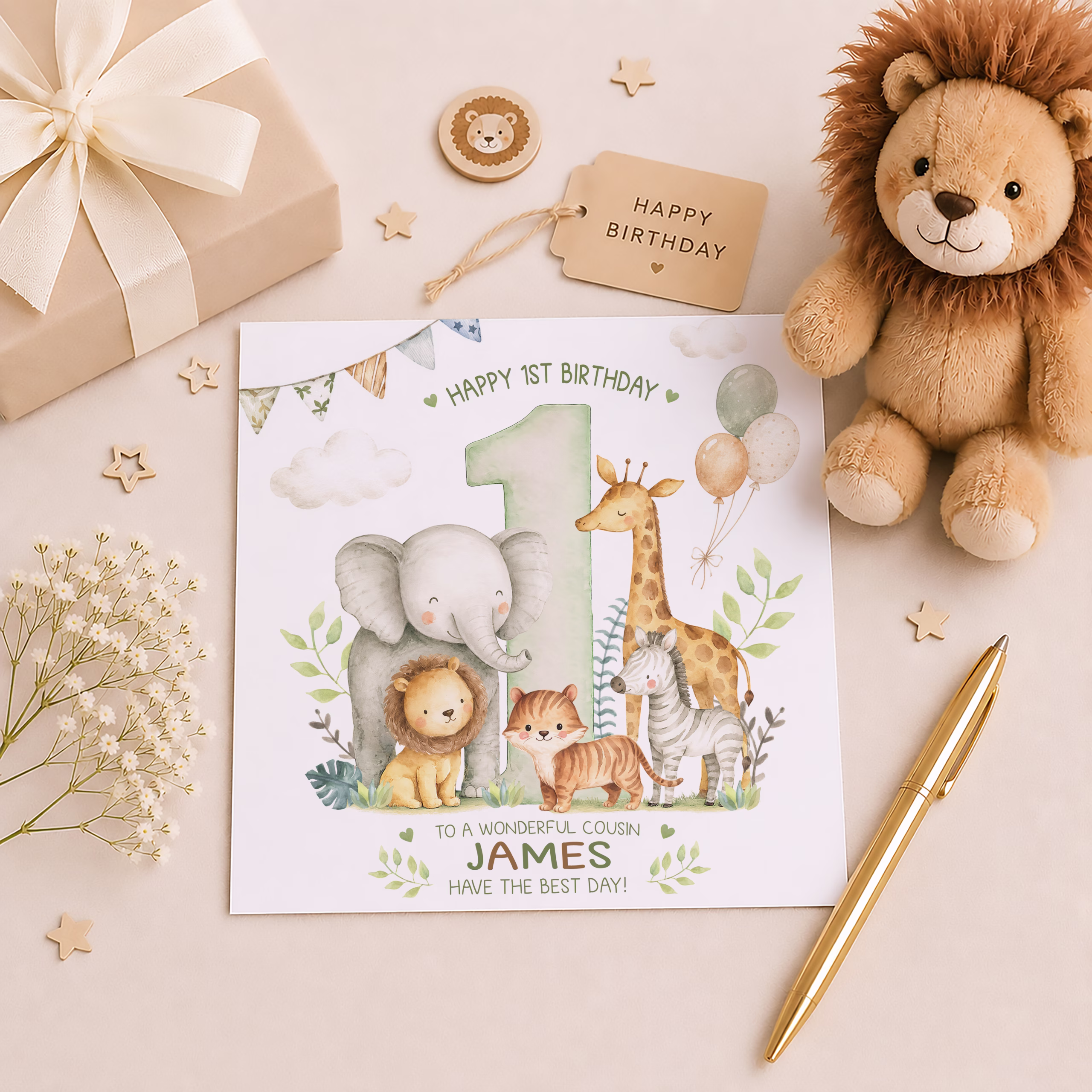 Boys Safari 1st Birthday Card