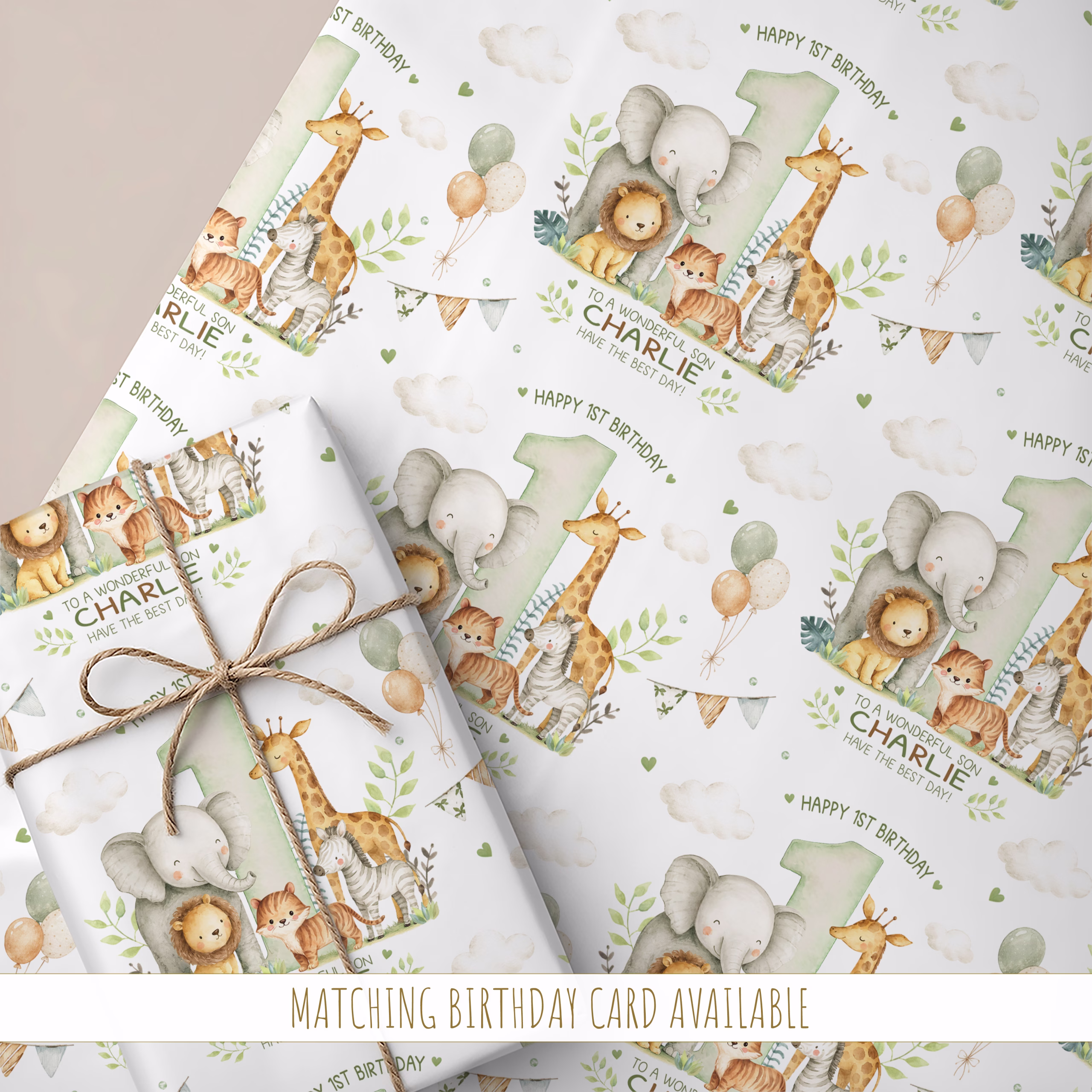 Boys Safari 1st Birthday Gift Wrapping Paper