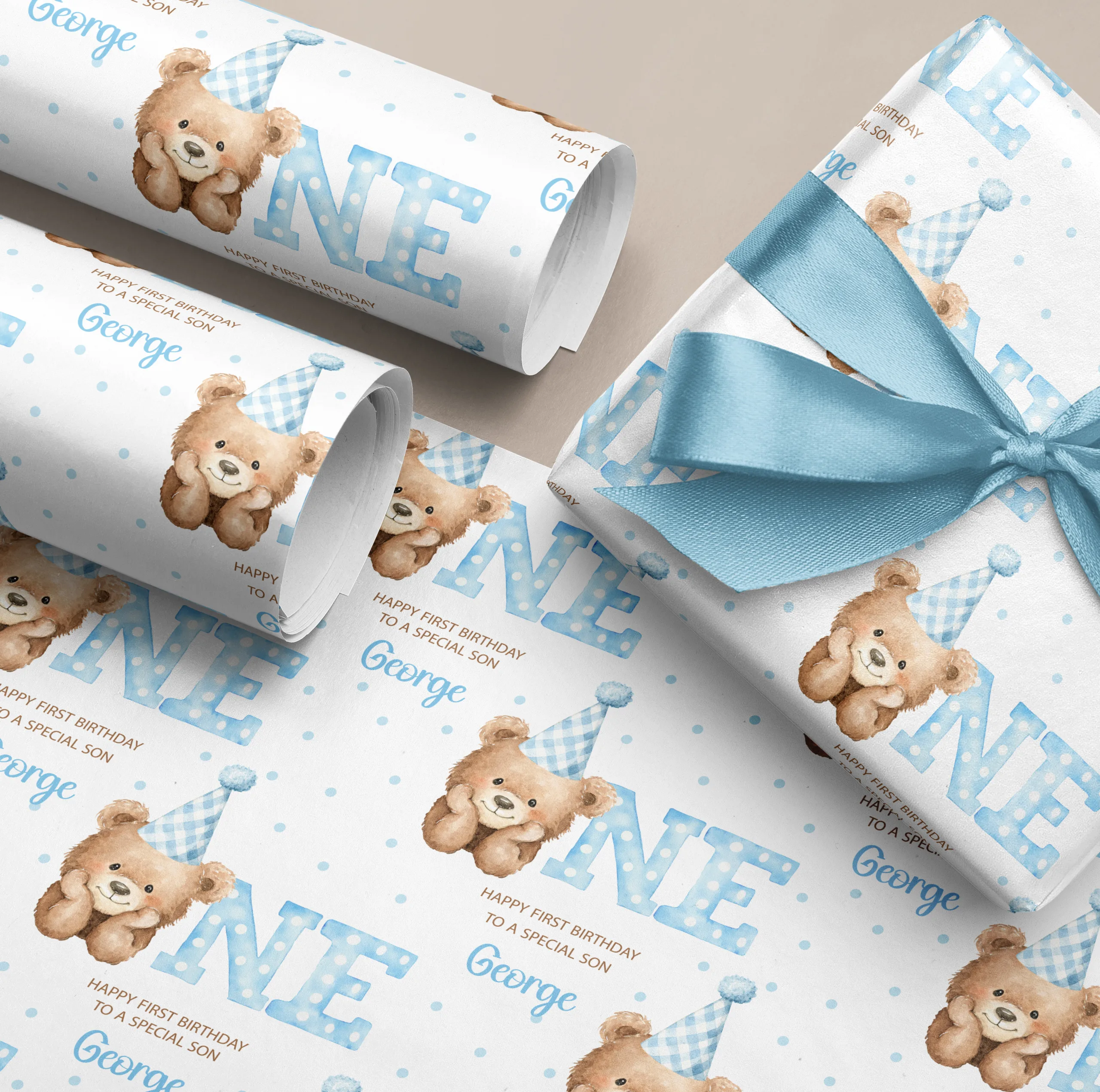Boys Teddy Bear 1st Birthday Gift Wrapping Paper