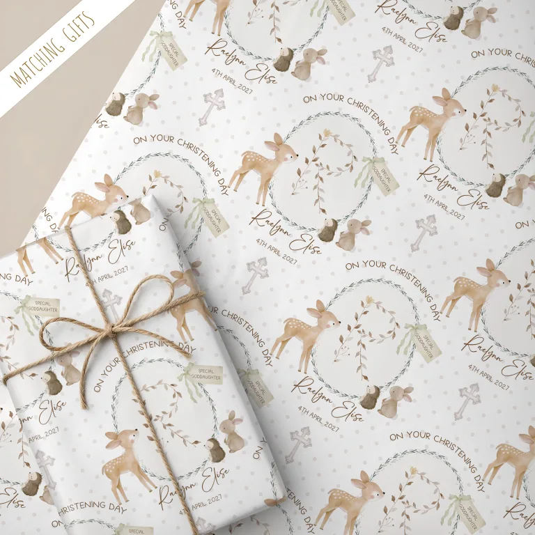 Personalised Christening Gift Wrapping Paper ‘Woodland Alphabet’