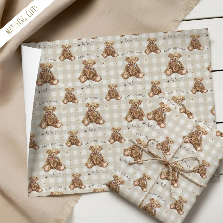 Personalised Baby Shower Gift Wrapping Paper ‘Vintage Bear’