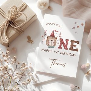 Brown Party Bear First Birthday A5 Card