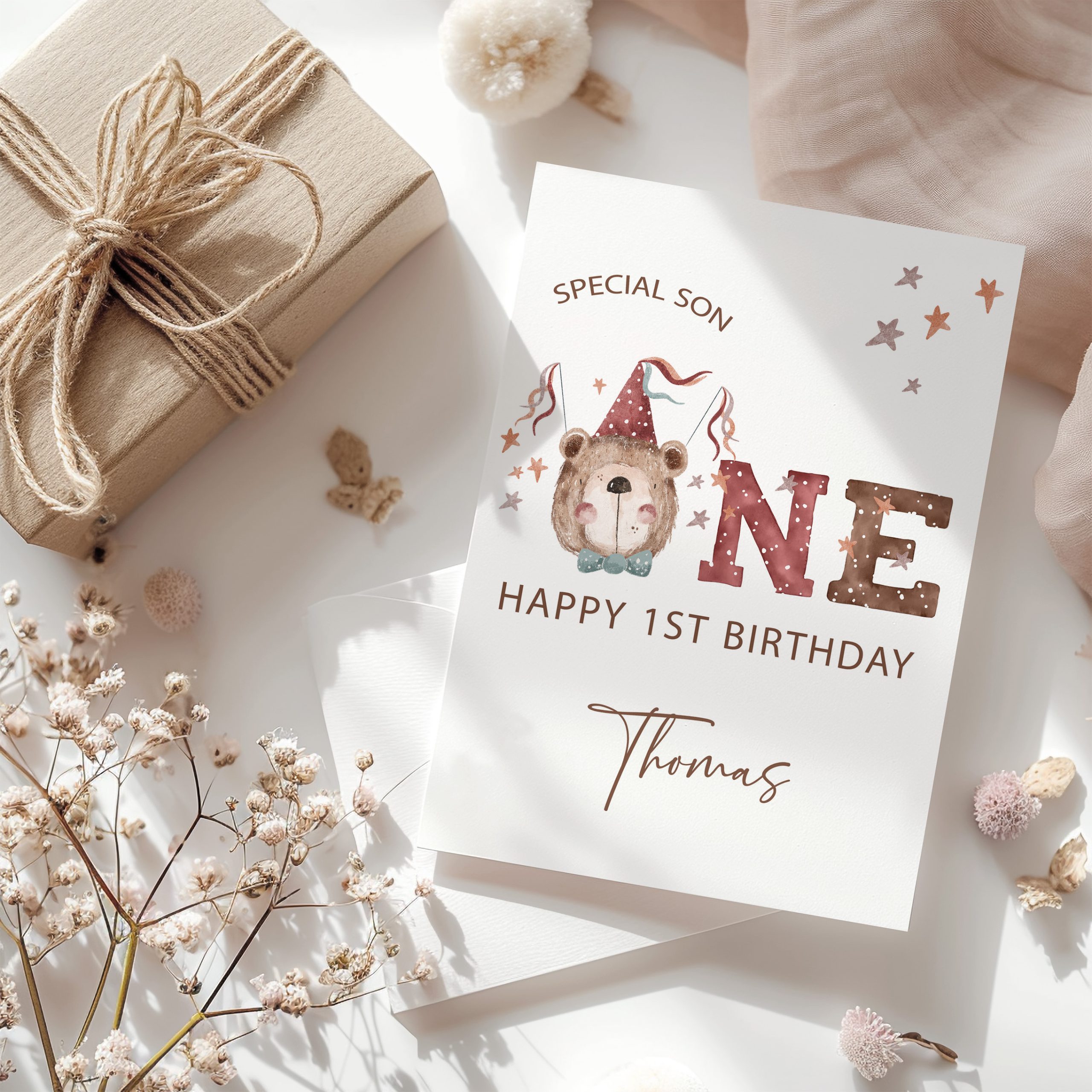 Brown Party Bear First Birthday A5 Card