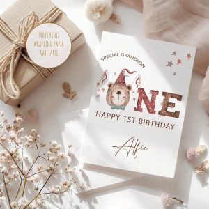 Brown Party Bear First Birthday A5 Card