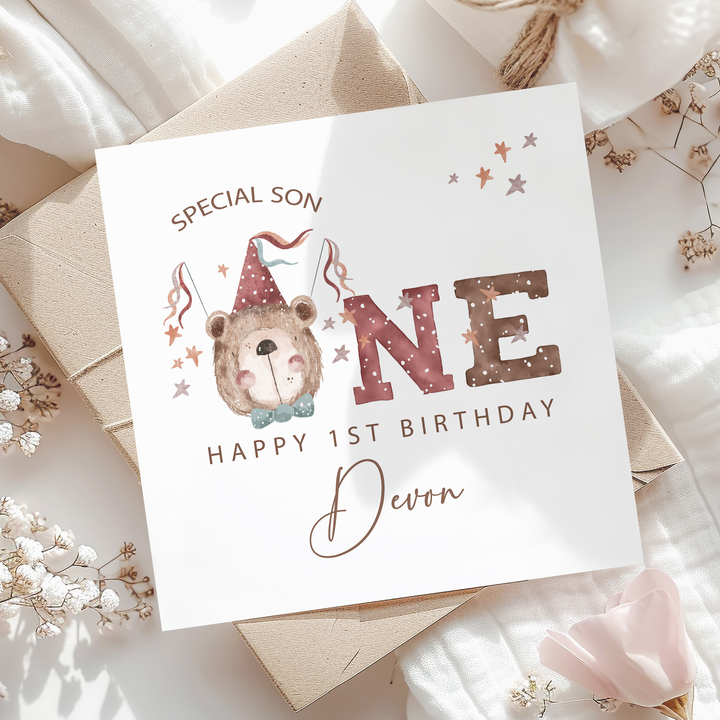 Brown Party Bear First Birthday Card