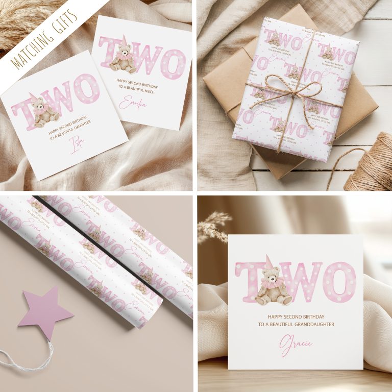 Kids Personalised Teddy 2nd Birthday Wrapping Paper