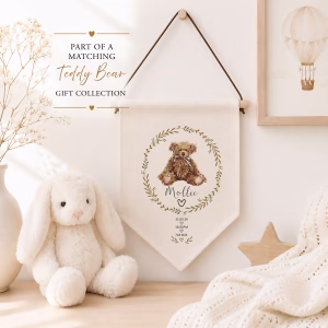 Cute Personalised Baby's Linen Teddy Bear Wall Sign