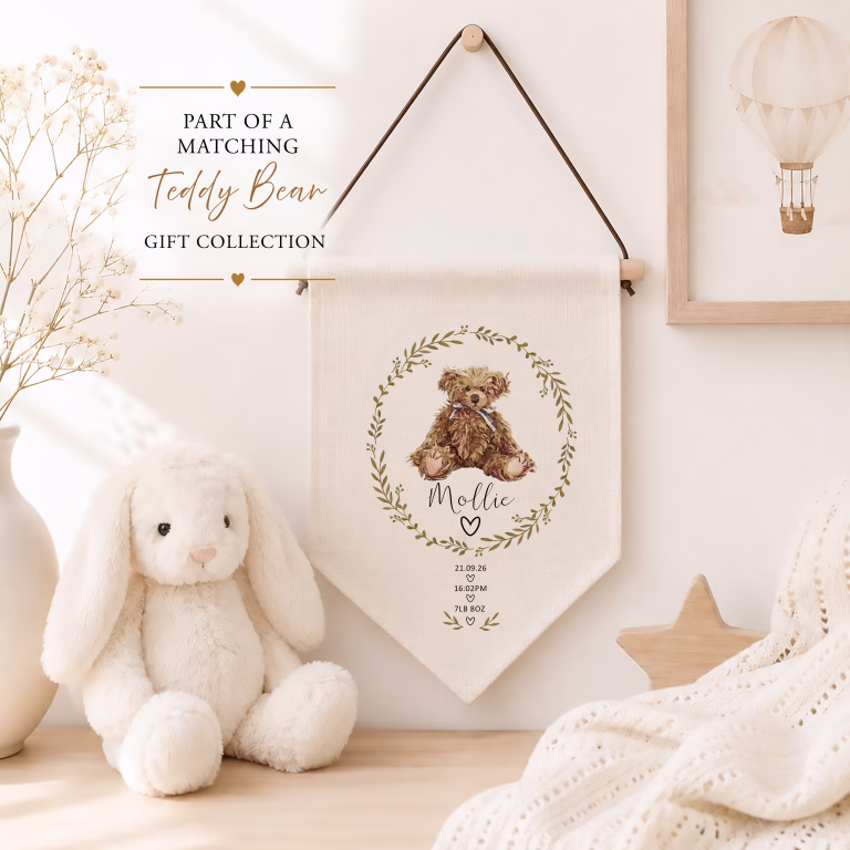 Personalised Vintage Bear Hanging Linen Pennant
