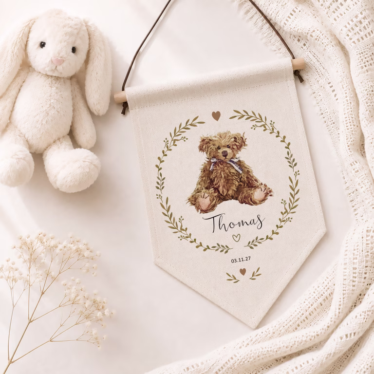 Personalised Vintage Bear Hanging Linen Pennant