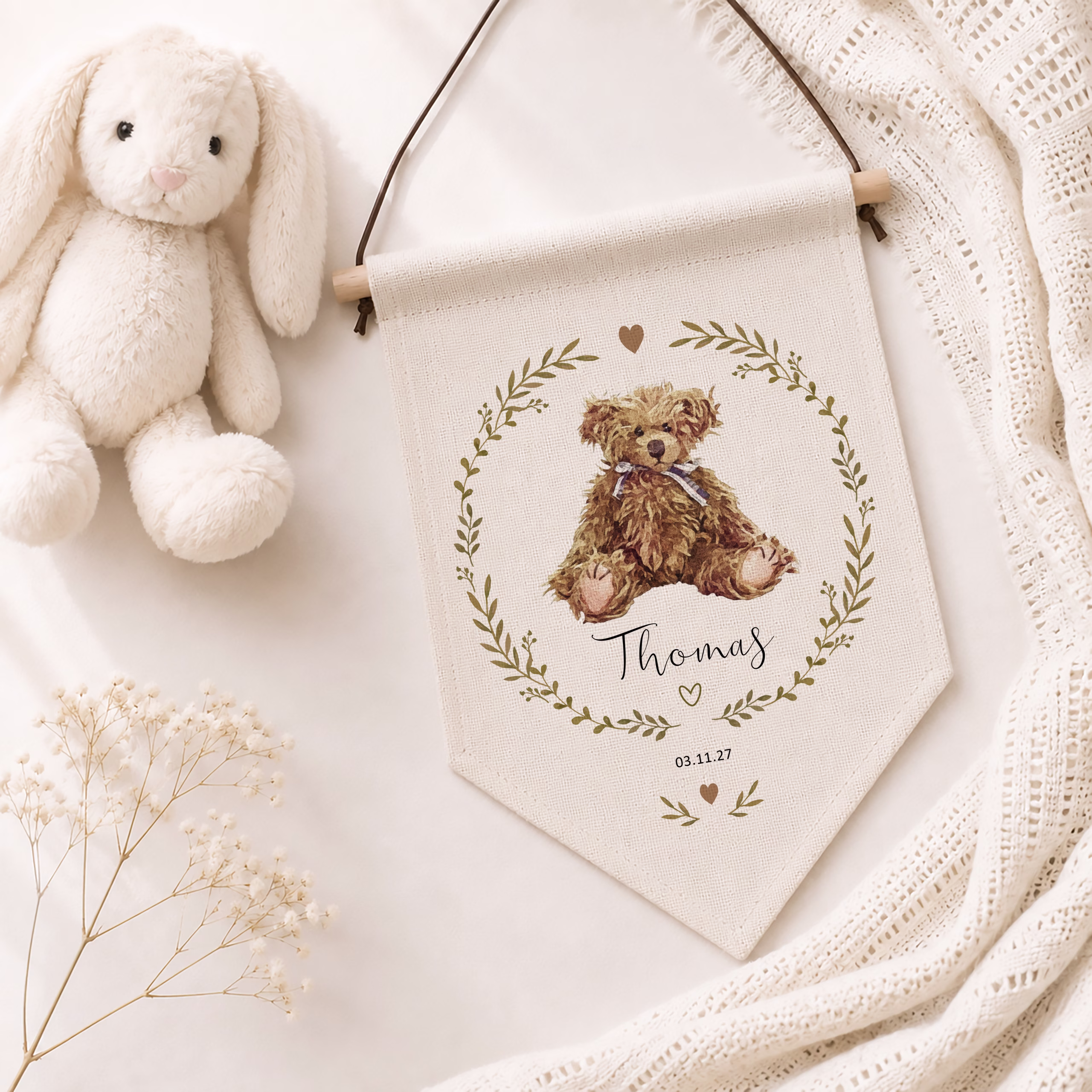 Cute Personalised Baby's Linen Teddy Bear Wall Sign
