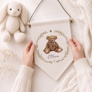 Cute Personalised Baby's Linen Teddy Bear Wall Sign