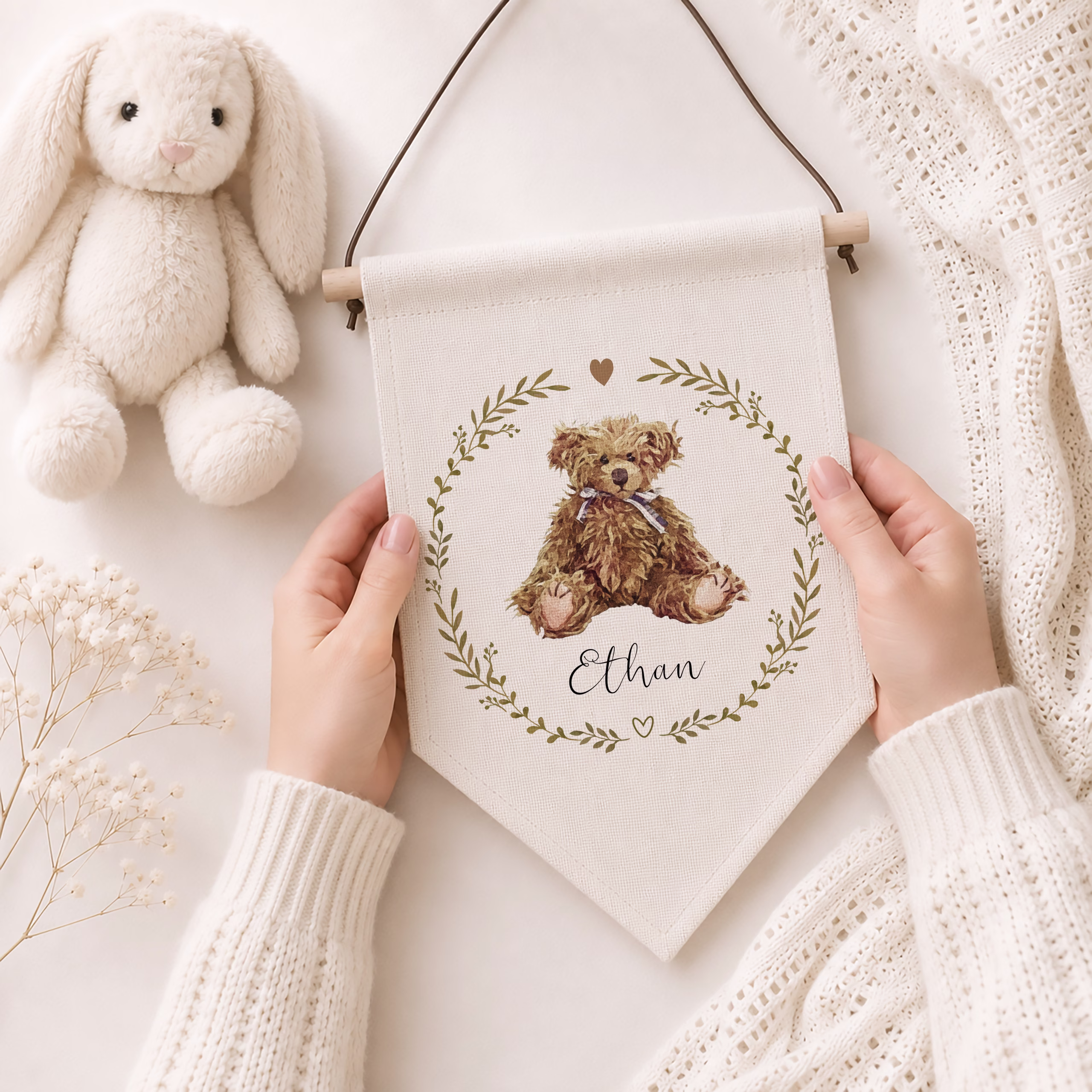 Cute Personalised Baby's Linen Teddy Bear Wall Sign