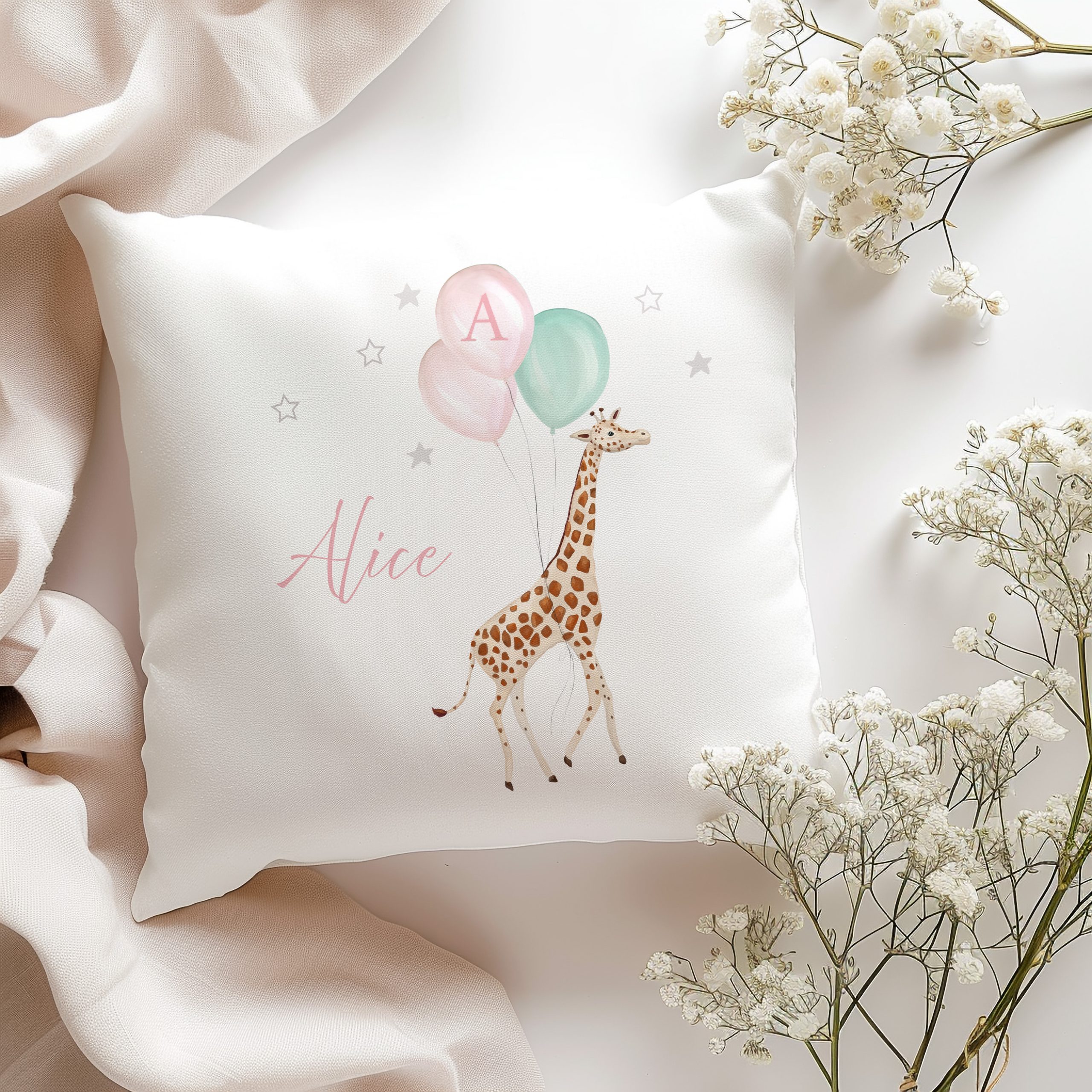 Personalised New Baby Giraffe Nursery Cushion