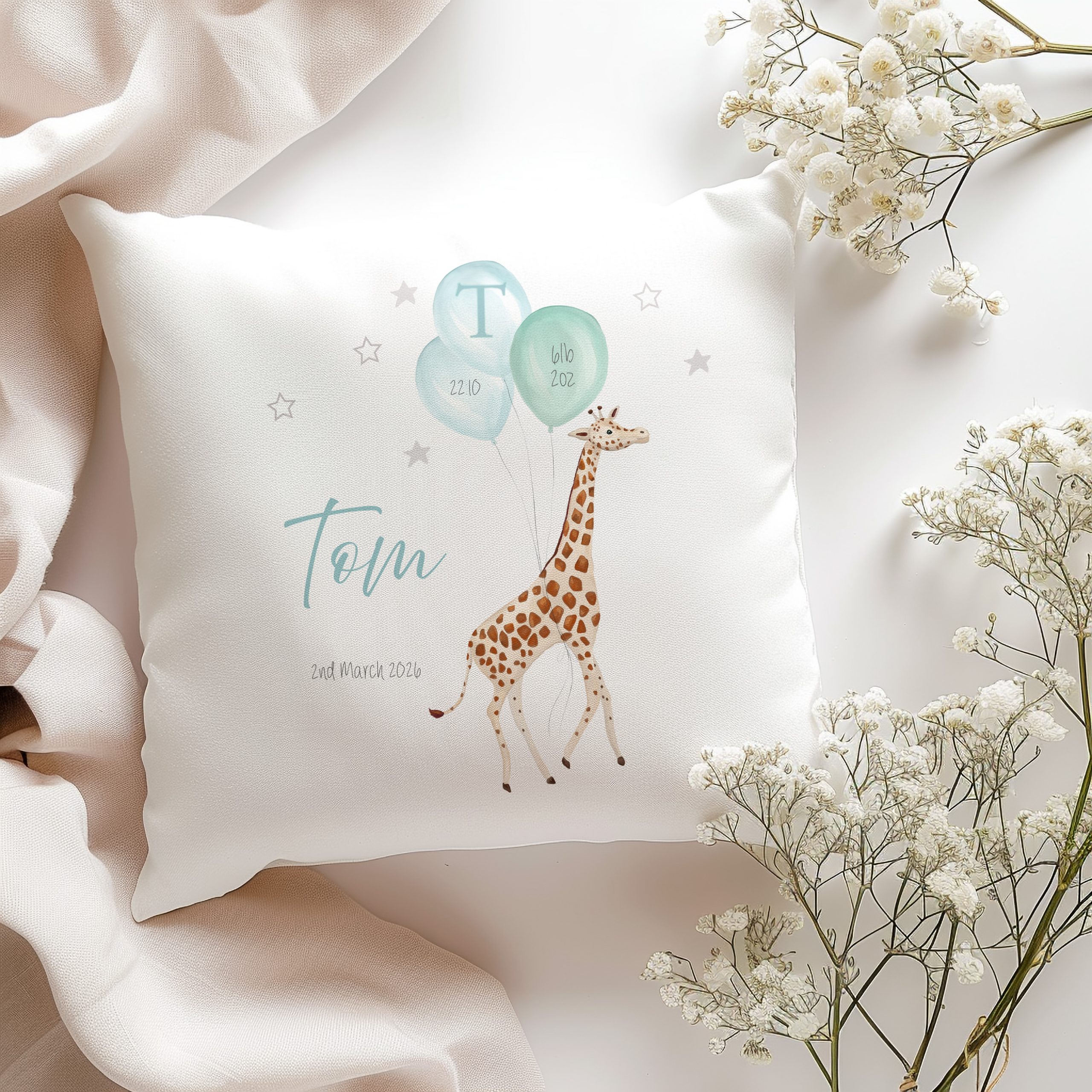 Personalised New Baby Giraffe Nursery Cushion