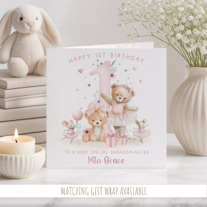 Girls 1st Birthday Teddy Bear Card