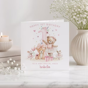 Girls 1st Birthday Teddy Bear Card