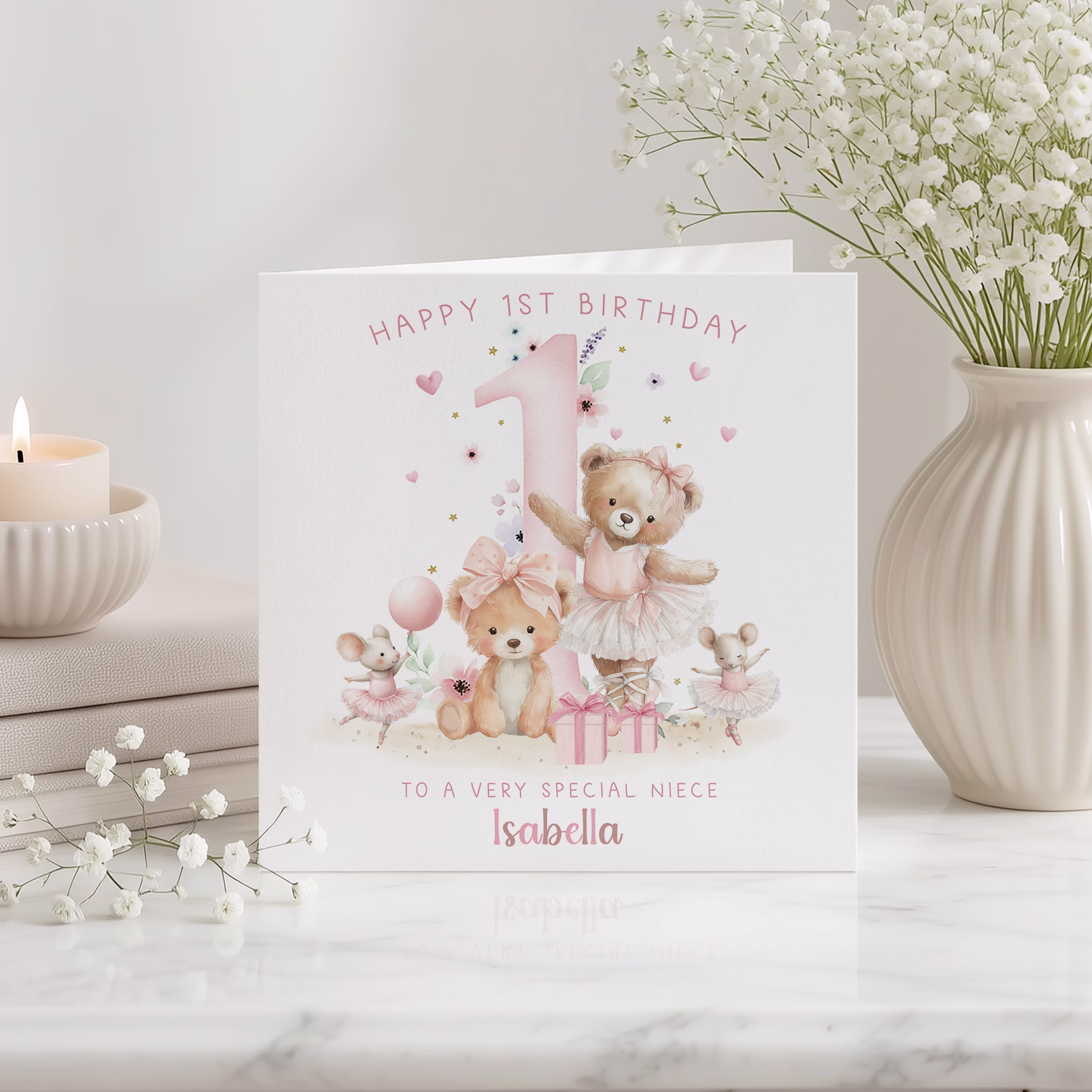 Girls 1st Birthday Teddy Bear Card