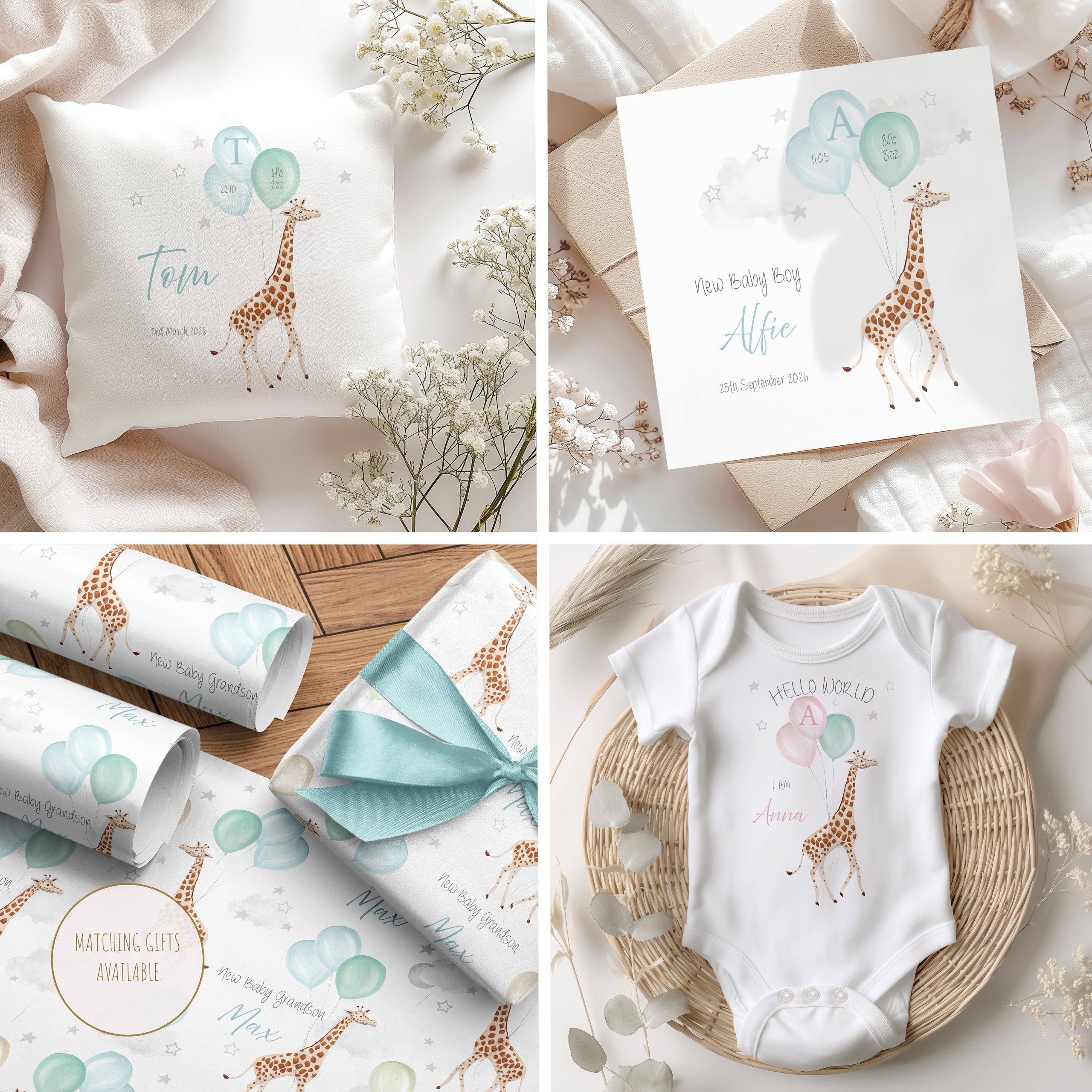 Matching Personalised New Baby Giraffe Gifts