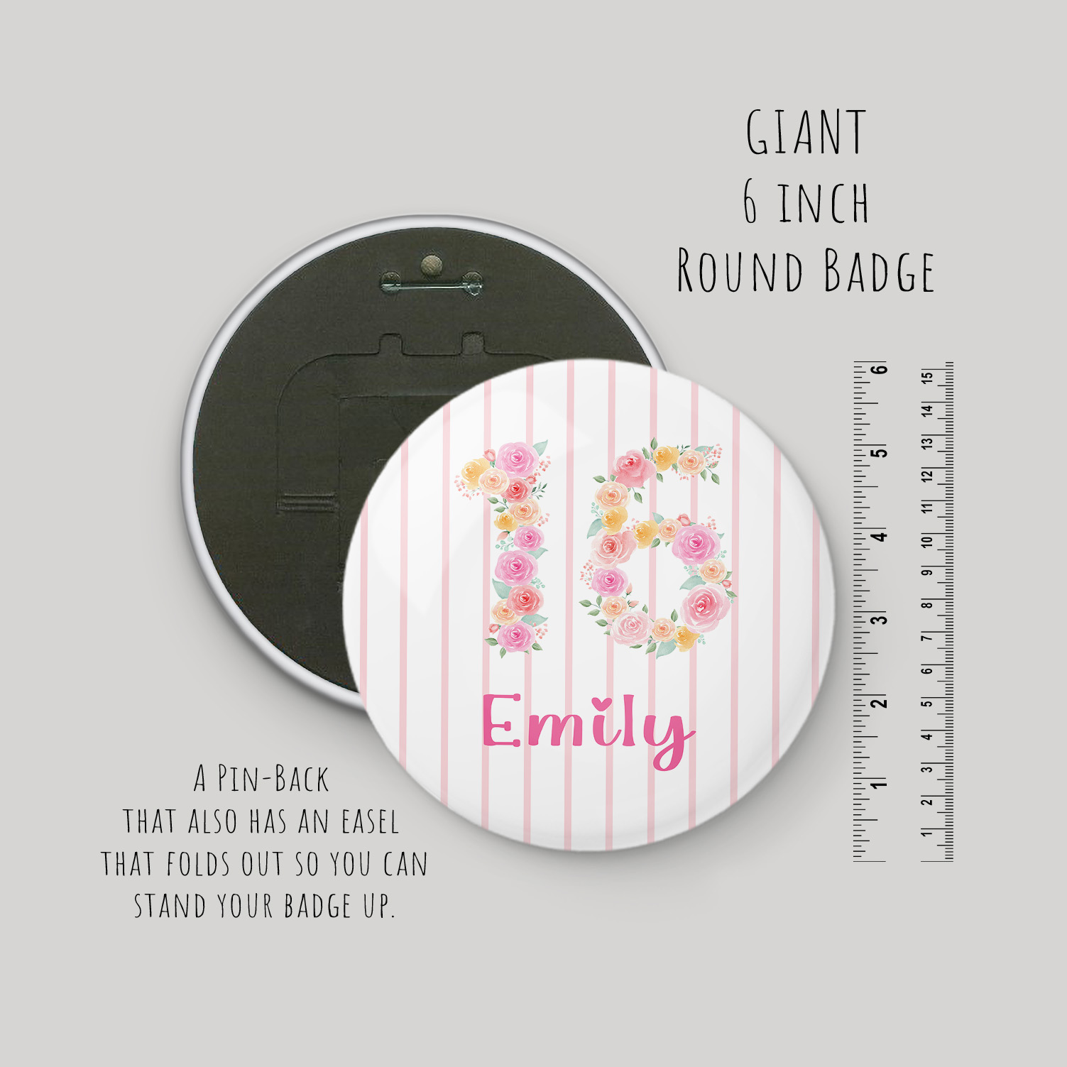 Personalised Giant 16th Pink Floral Birthday Badge
