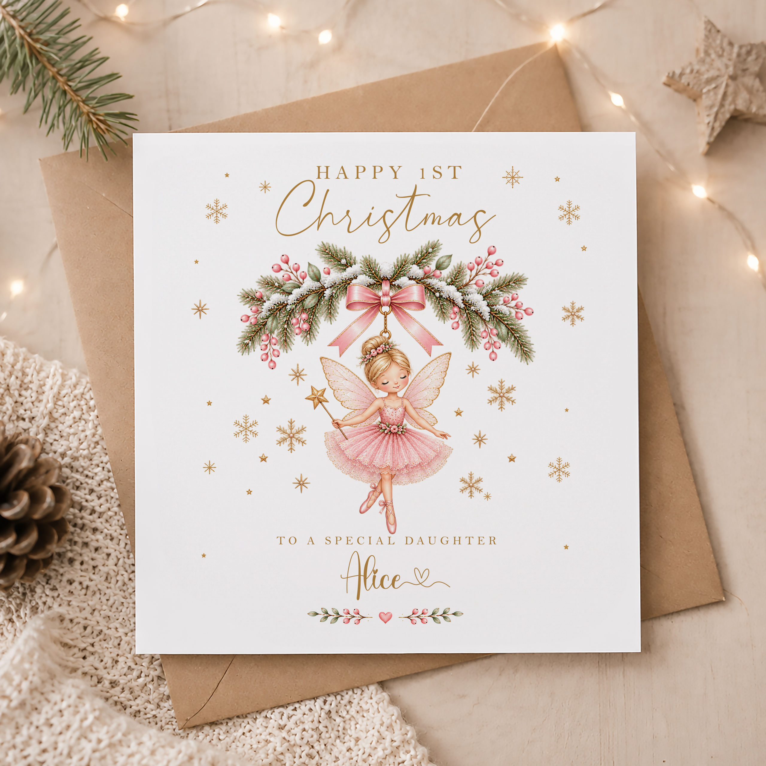 Granddaughter first Christmas card with pink fairy design
