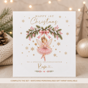 Personalised fairy 1st Christmas card with pink fairy and name