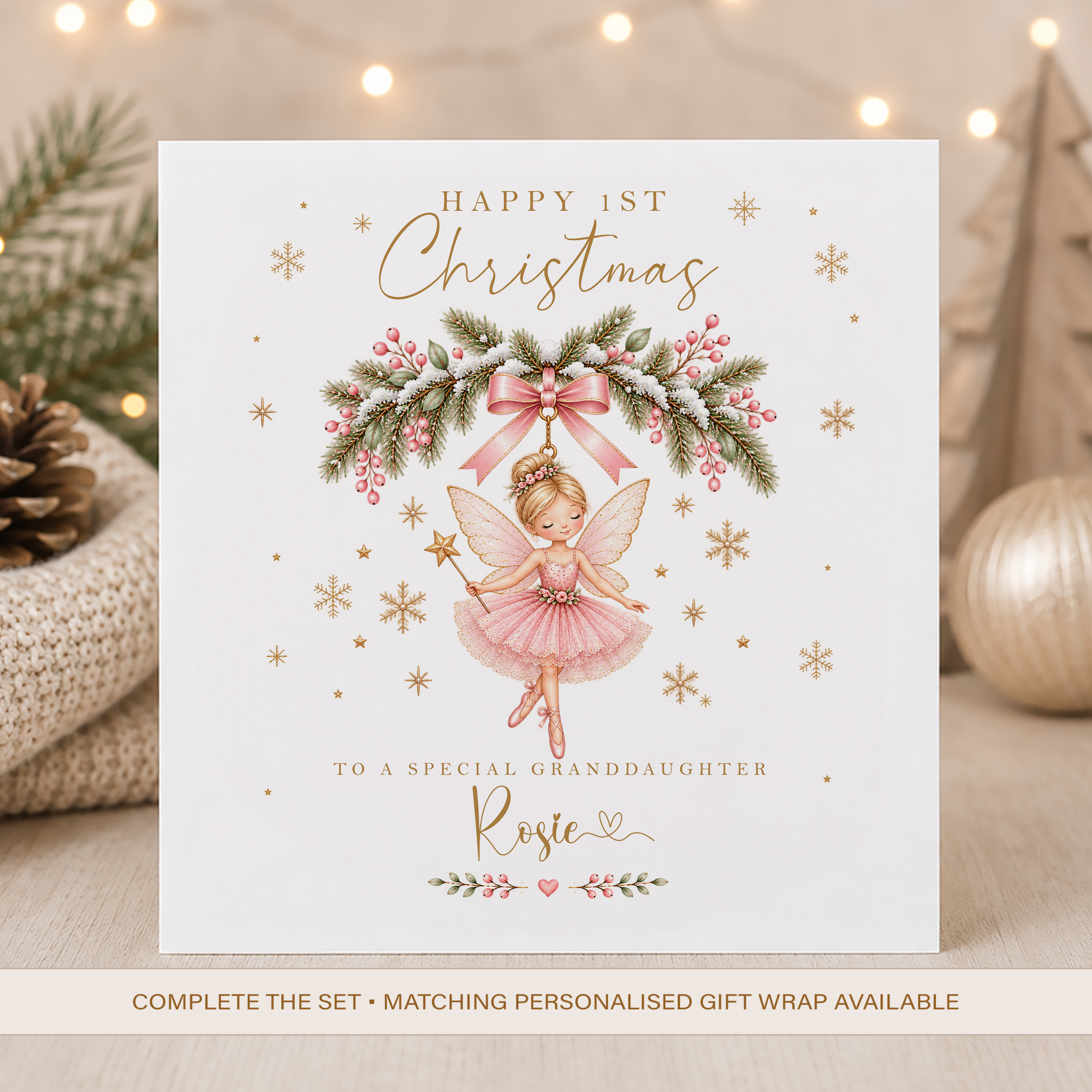 Personalised fairy 1st Christmas card with pink fairy and name