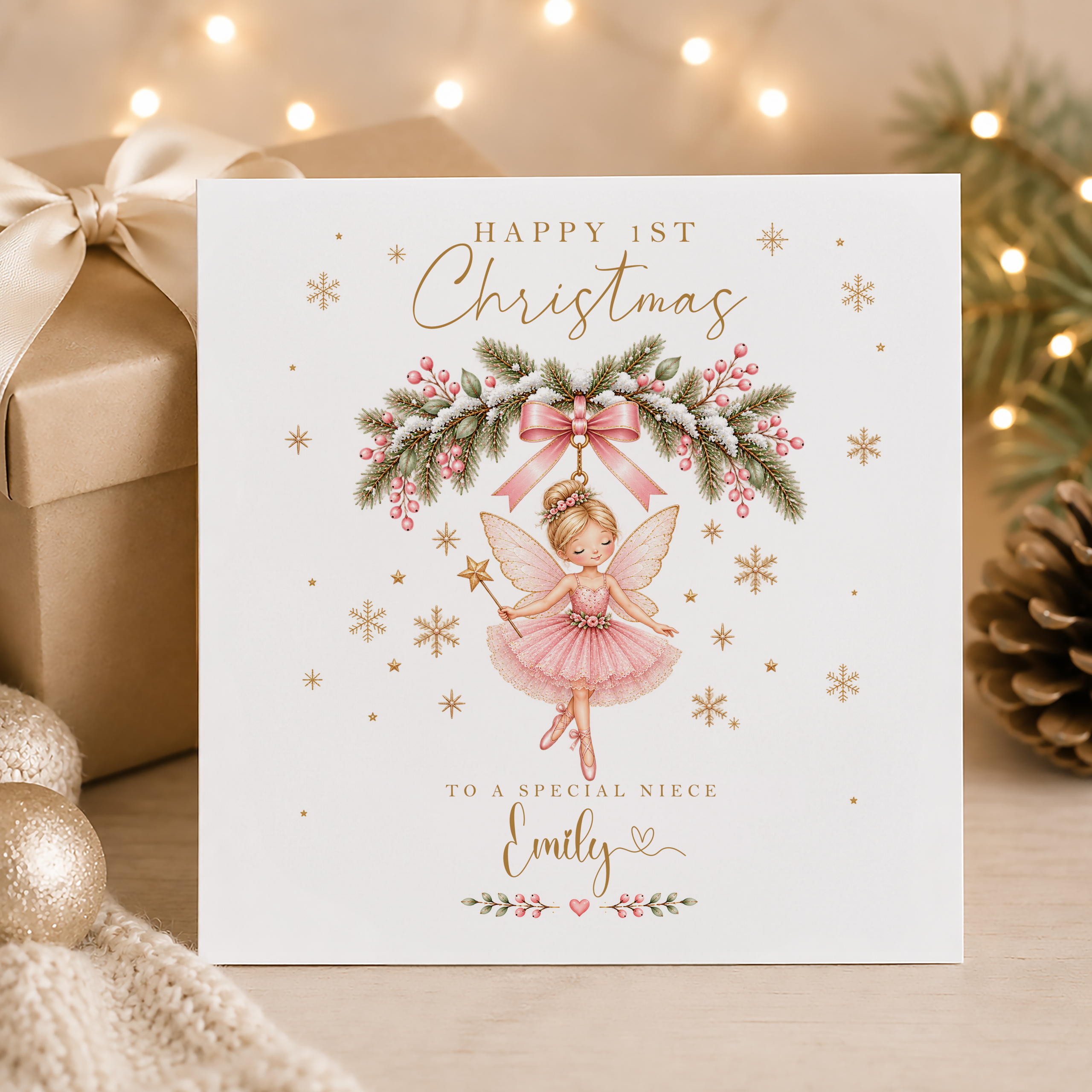 Personalised girls first Christmas card with magical pink fairy