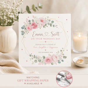 Personalised pink floral wedding card with couple names and wedding date
