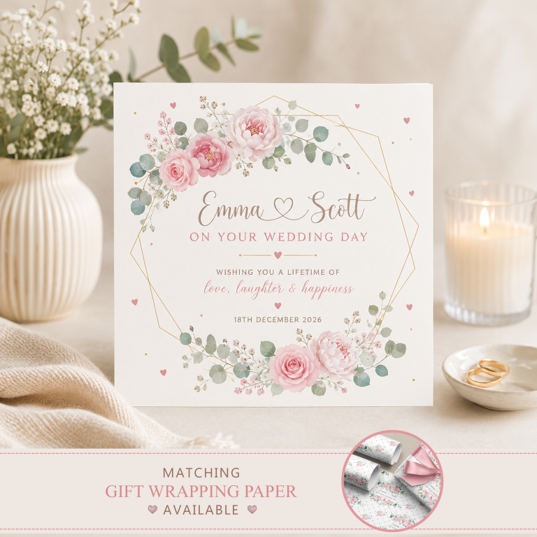 Personalised Pink Floral Wedding Card – Handmade in the UK