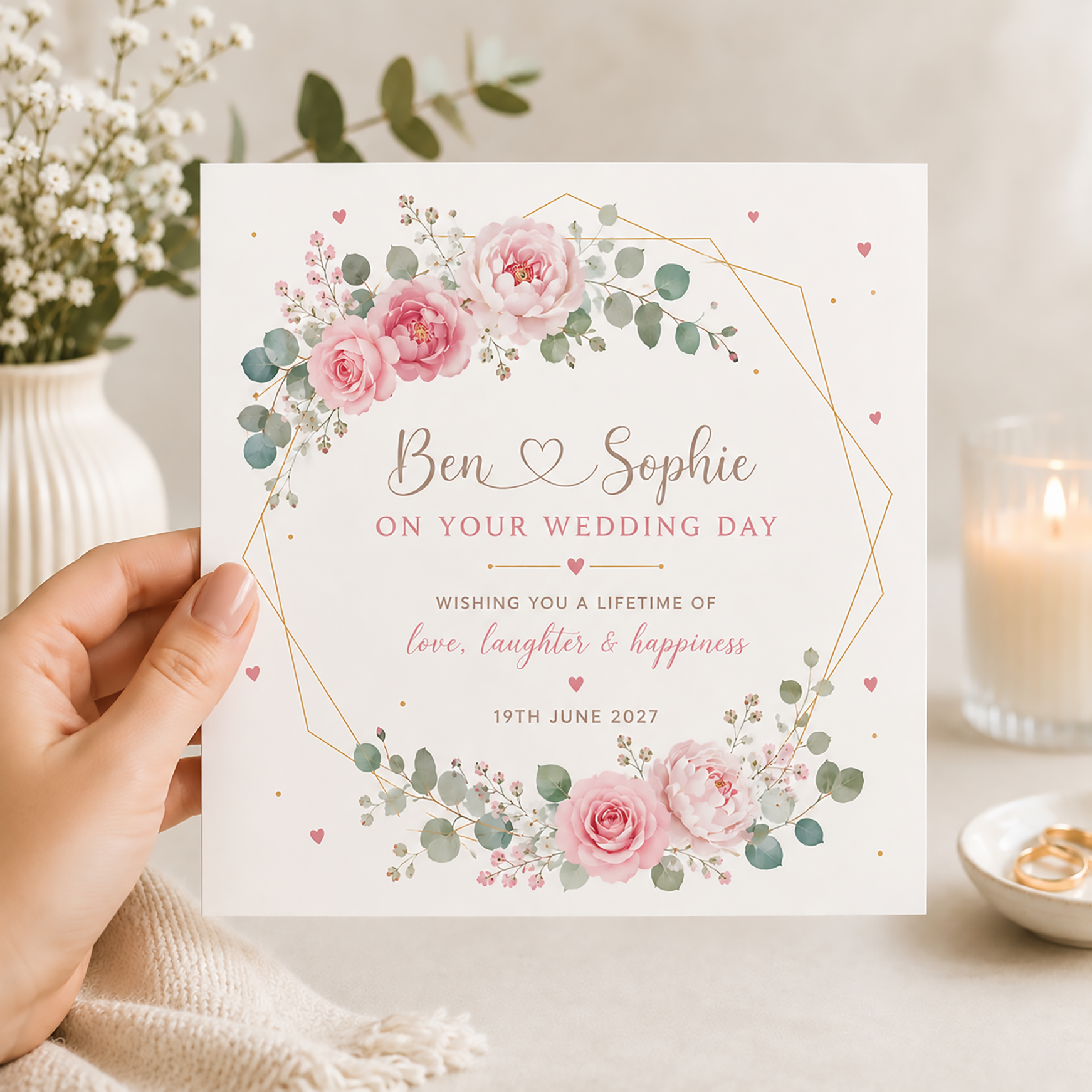 Personalised pink floral wedding card held in hand