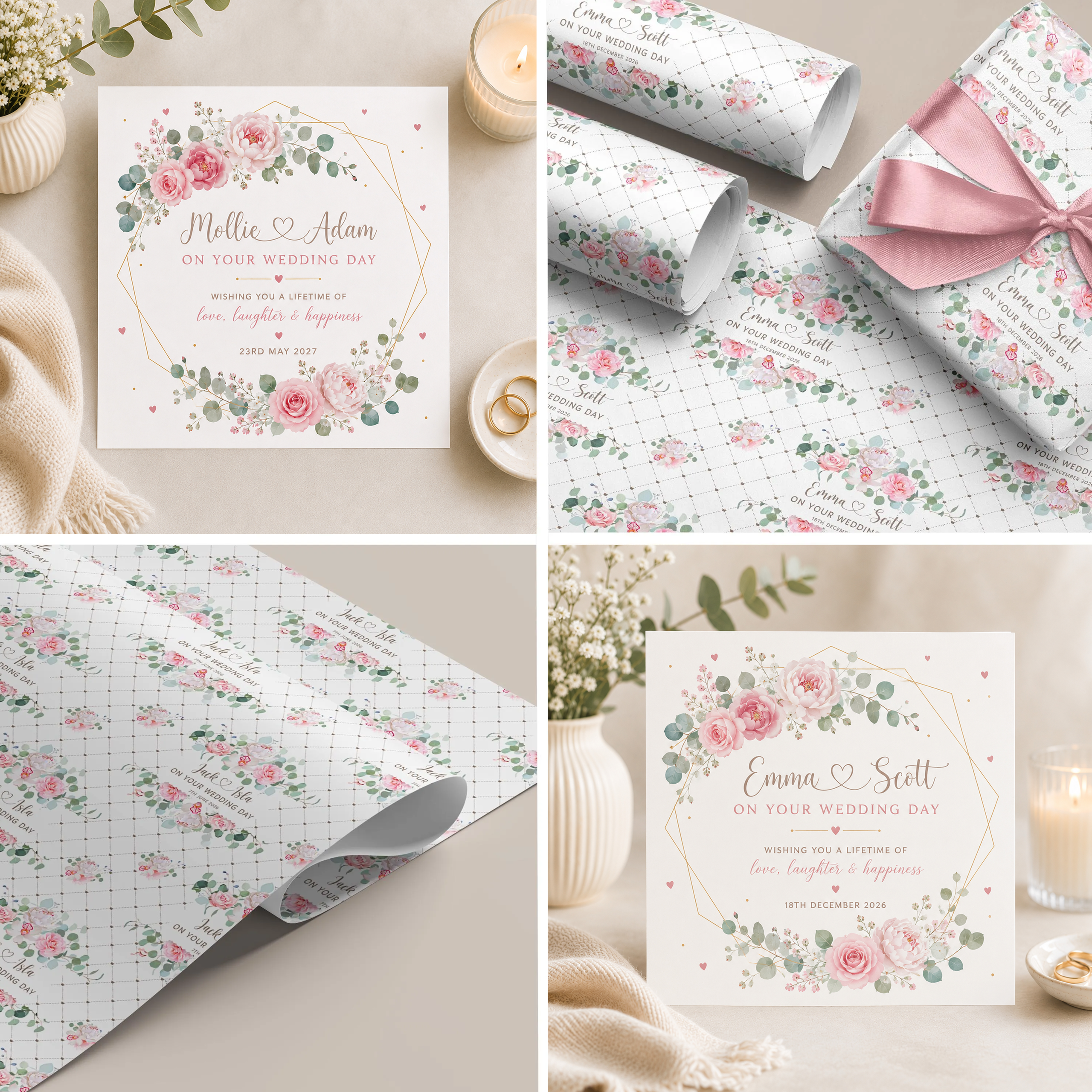 Personalised wedding card with matching floral gift wrapping paper