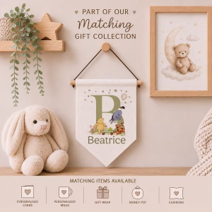 Personalised nursery linen wall pennant with matching personalised nursery gift collection including cards, mugs, gift wrap, money pots and cushions.