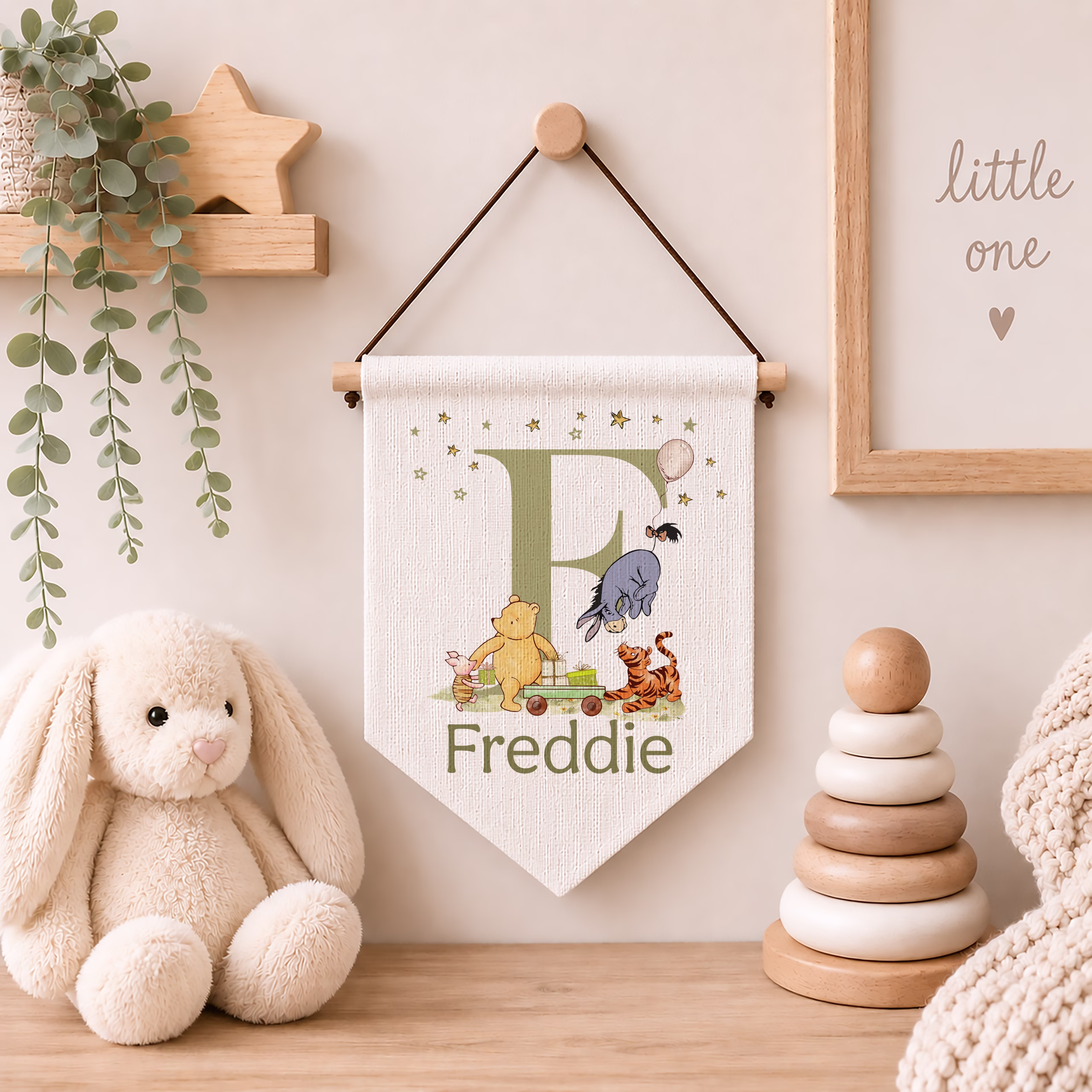 Personalised nursery linen wall pennant with matching personalised nursery gift collection including cards, mugs, gift wrap, money pots and cushions.