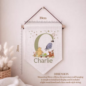 Personalised nursery linen wall pennant with matching personalised nursery gift collection including cards, mugs, gift wrap, money pots and cushions.