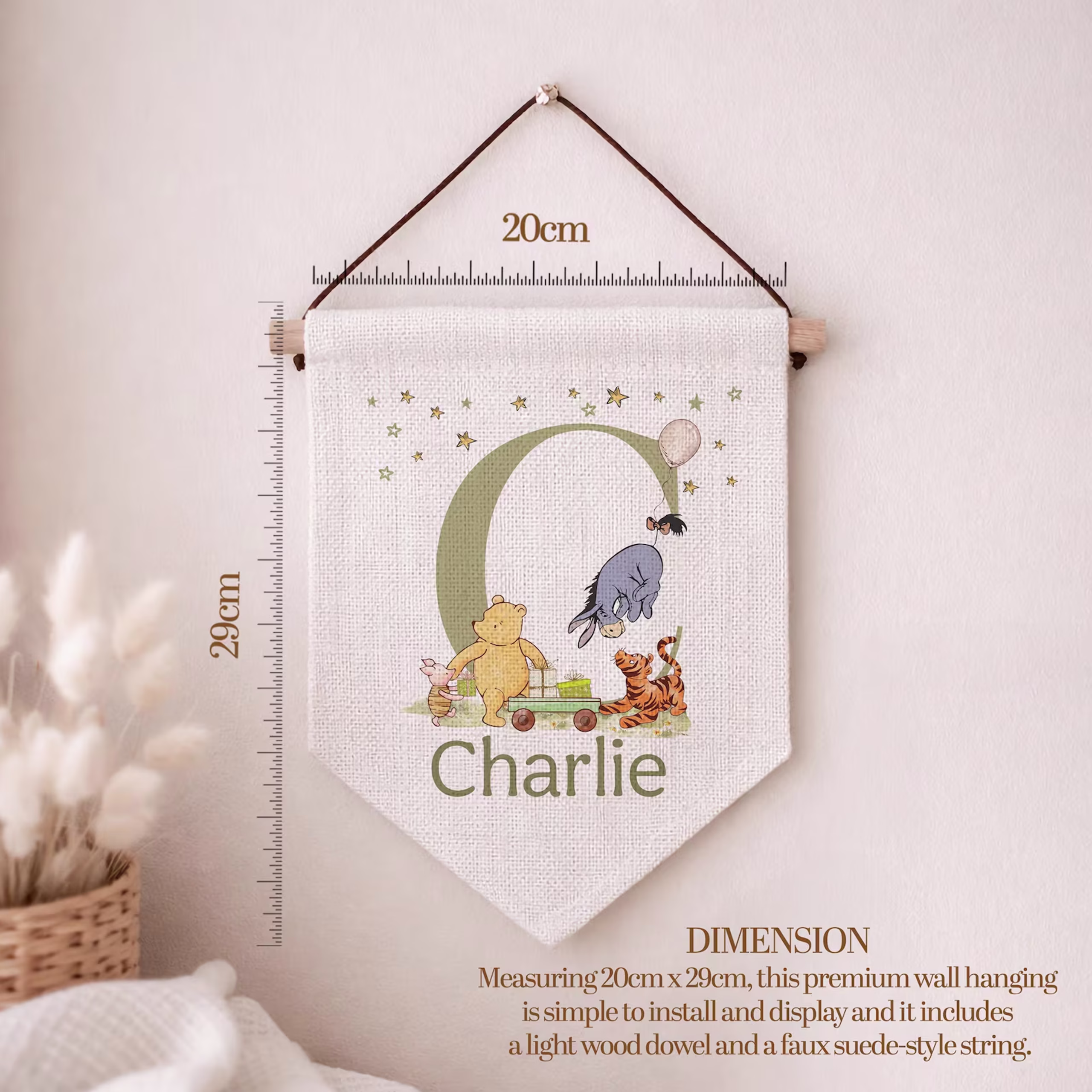 Personalised nursery linen wall pennant with matching personalised nursery gift collection including cards, mugs, gift wrap, money pots and cushions.