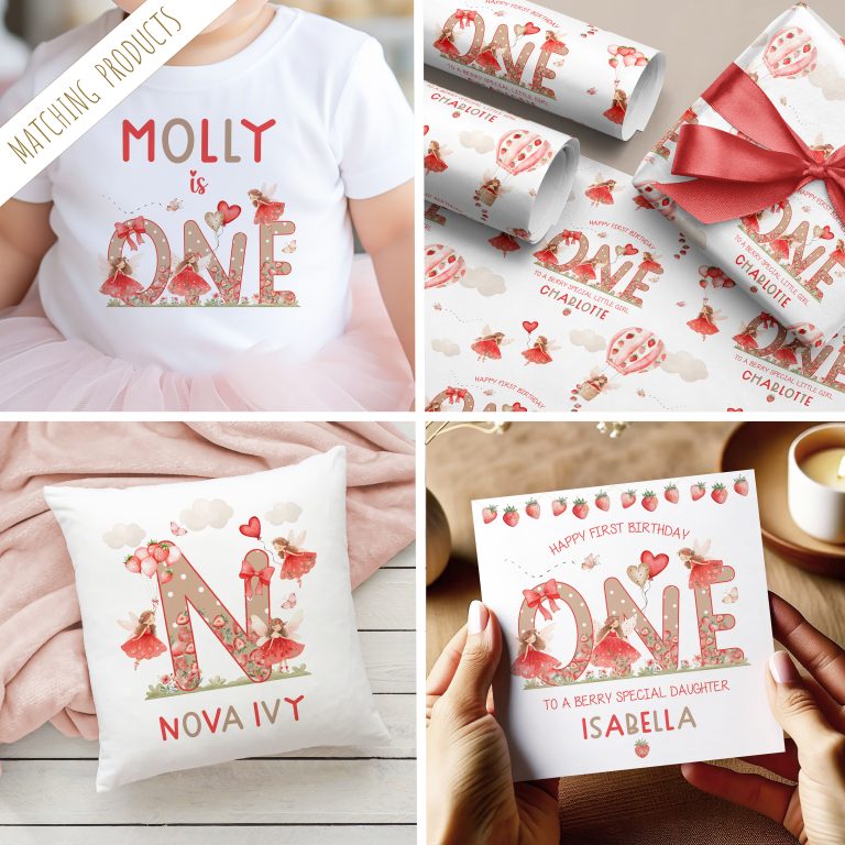 Girls Personalised 1st Birthday Strawberry Gift Wrapping Paper