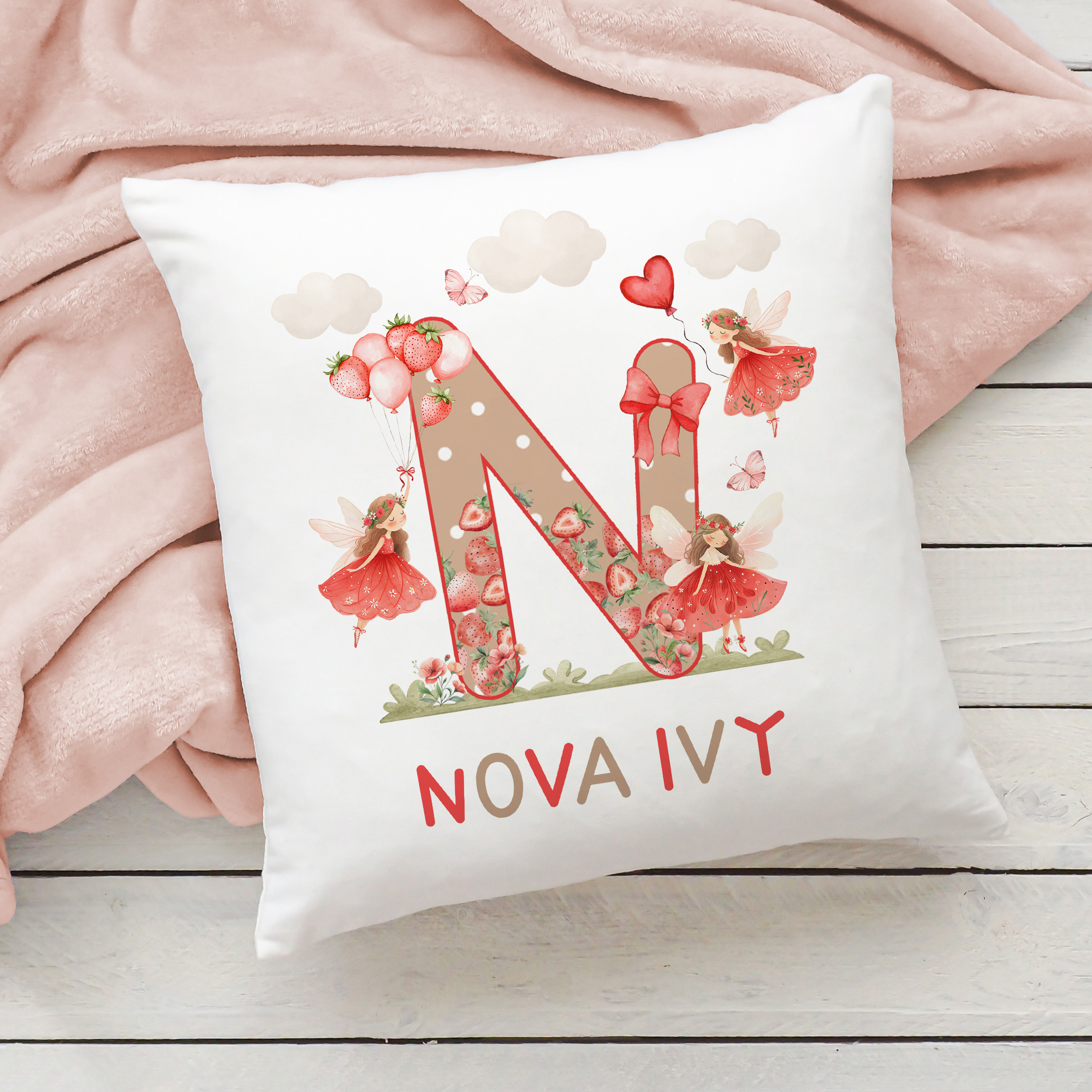 Girls Personalised Strawberry Name Cushion